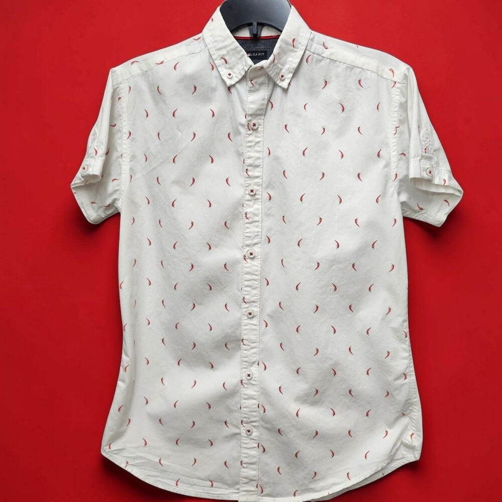 Geometrix Button Down Slim Fit Shirt Men Small White Red Chili Peppers Preppy